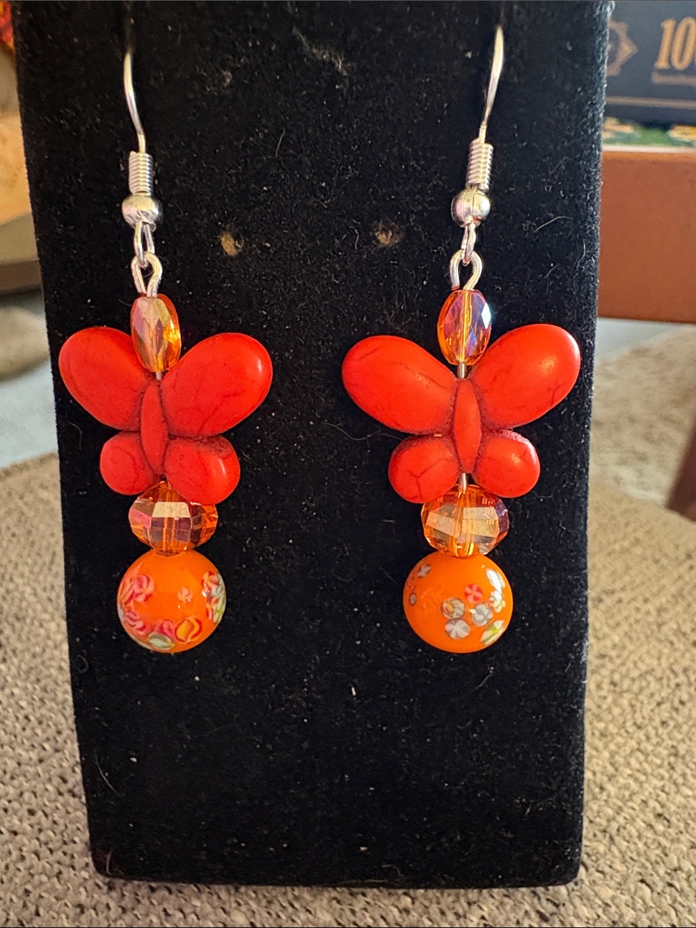 Hand Crafted Crystal and Glass Orange Butterfly Drop Earrings